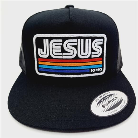 Retro Style Jesus Christ King Embroidered Patch Mesh Flat Bill Hat Cap Religious main image 4